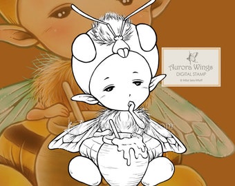 Digital Stamp PNG and JPG - Honey Bee Sprite - Sleepy Honeybee with a Pot of Honey - Fantasy Line Art for Cards & Crafts by Mitzi Sato-Wiuff