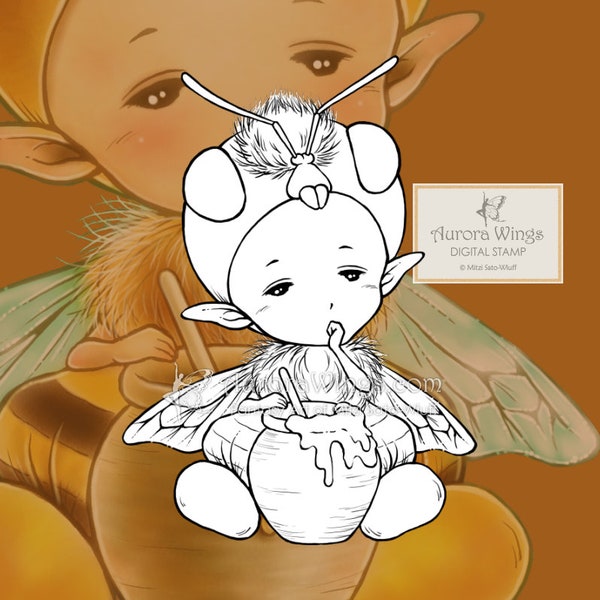 Digital Stamp PNG and JPG - Honey Bee Sprite - Sleepy Honeybee with a Pot of Honey - Fantasy Line Art for Cards & Crafts by Mitzi Sato-Wiuff