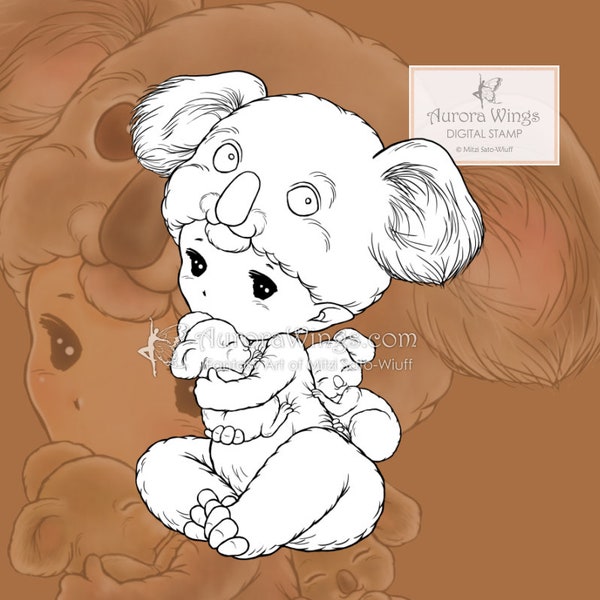 Koala Sprite - Adorable Animal Elf with Two Baby Koalas - Digital Stamp in JPG and PNG - Adult Coloring Page - Sprite by Aurora Wings