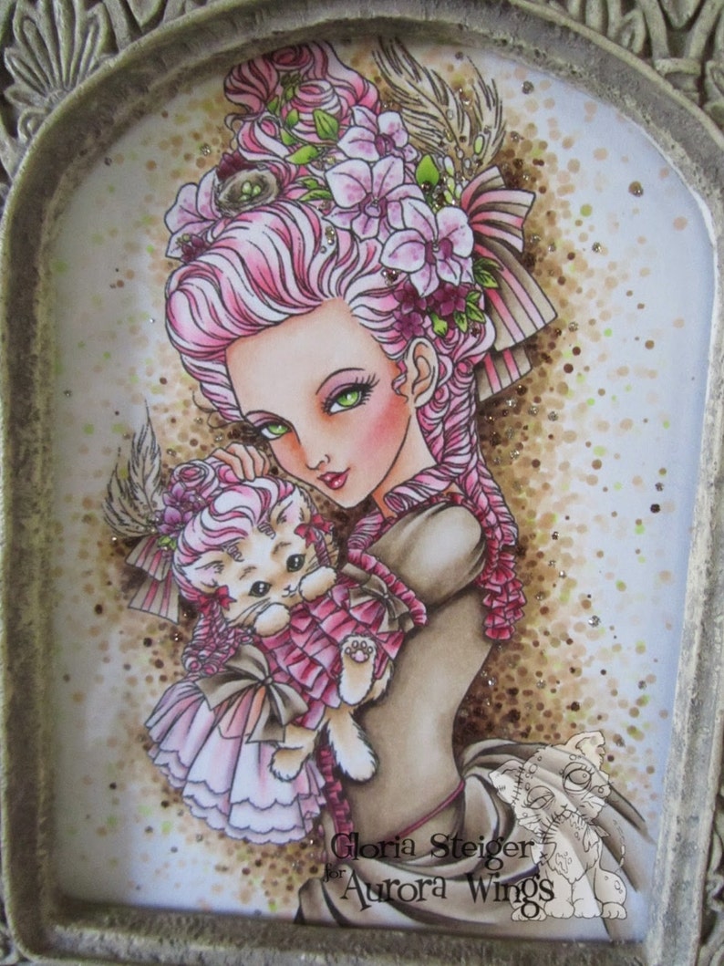 Digital Stamp Marie Nyantoinette Marie Antoinette Holding a Cat in a Wig Fantasy Line Art for Cards & Crafts by Mitzi Sato-Wiuff image 4