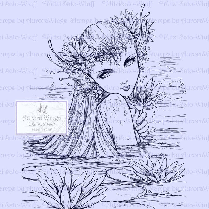 Digital Stamp Download Lotus Mermaid Mermaid in a Water Lily Pond Line Art for Arts and Crafts by Mitzi Sato-Wiuff AuroraWings image 2
