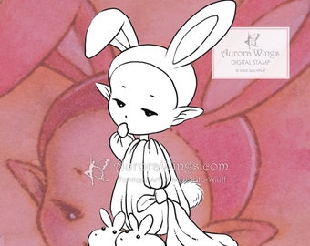 Digital Stamp PNG JPG - Sleepy Bunny Elf - Baby Elf in Bunny Pajamas - Whimsical Line Art for Handmade Cards & Coloring by Aurora Wings