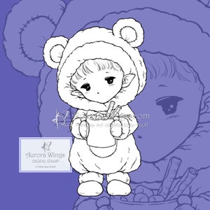 Hot Cocoa Sprite Aurora Wings Digital Stamp Christmas Holiday Fairy Image Fantasy Line Art for Arts and Crafts by Mitzi Sato-Wiuff image 1