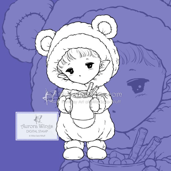 Hot Cocoa Sprite - Aurora Wings Digital Stamp - Christmas Holiday Fairy Image - Fantasy Line Art for Arts and Crafts by Mitzi Sato-Wiuff