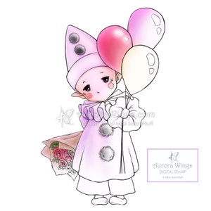 Happy Pierrot Sprite Aurora Wings Digital Stamp JPG and PNG Cute Clown with Balloons Line Art for Arts and Crafts by Mitzi Sato-Wiuff image 2