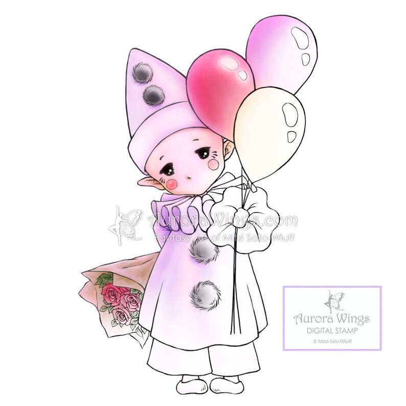 Happy Pierrot Sprite Aurora Wings Digital Stamp JPG and PNG Cute Clown with Balloons Line Art for Arts and Crafts by Mitzi Sato-Wiuff image 2