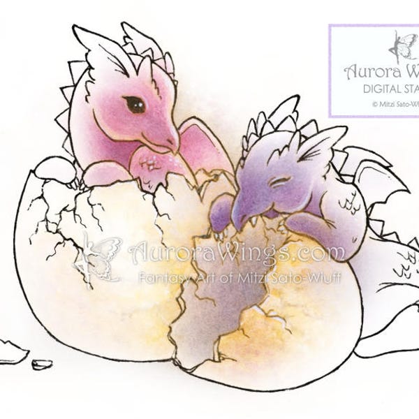 Digital Stamp - Instant Download - Dragon Babies - digistamp - Hatchlings - Fantasy Line Art for Cards & Crafts by Mitzi Sato-Wiuff