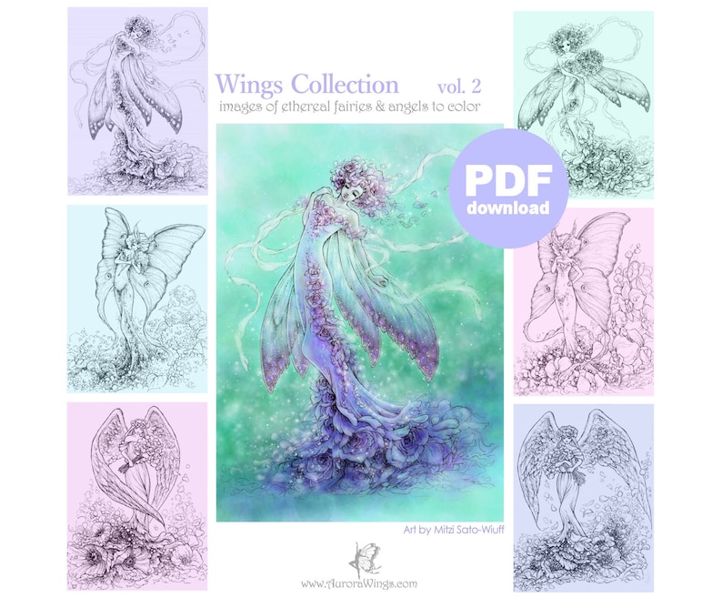 PDF Adult Coloring Page Bundle Wings Collection vol. 2 6 Beautiful Fantasy Faries & Angels Line Art for Coloring by Mitzi Sato-Wiuff image 1