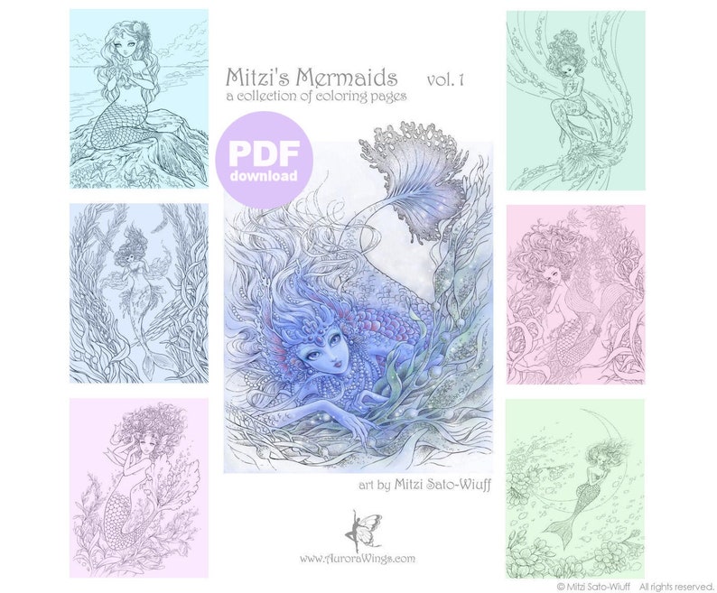 PDF Adult Coloring Page Bundle Mitzi's Mermaids Collection of 7 Beautifully Detailed Fantasy Mermaid Coloring Pages by Mitzi Sato-Wiuff image 1