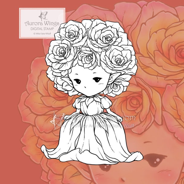 JPG and PNG Digital Stamp - Coloring - Rose Sprite - Instant Download - digistamp - Fantasy Line Art for Cards & Crafts by Mitzi Sato-Wiuff