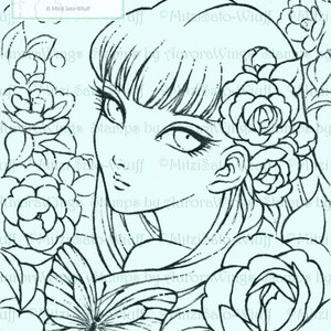 Digital Stamp Camellia Spirit Instant Download Big Eye Fairy with Camellia Fantasy Line Art for Cards & Crafts by Mitzi Sato-Wiuff image 2