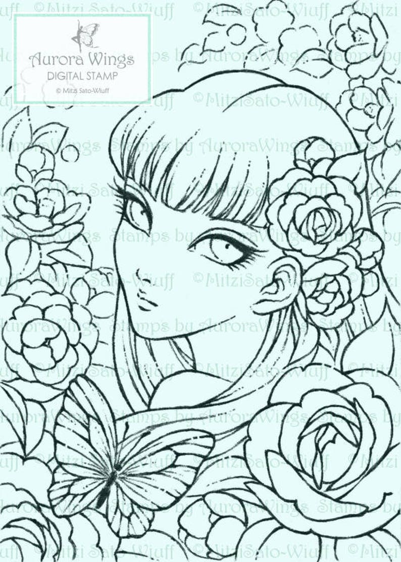 Digital Stamp Camellia Spirit Instant Download Big Eye Fairy with Camellia Fantasy Line Art for Cards & Crafts by Mitzi Sato-Wiuff image 2