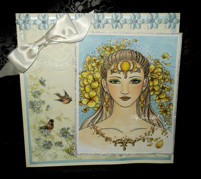 Digital Stamp Moon Goddess digistamp Elegant Divine Feminine with Flowers Fantasy Line Art for Cards & Crafts by Mitzi Sato-Wiuff image 3