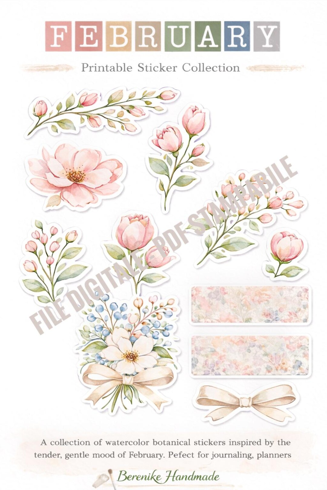 February Text Stickers Printable February Stickers – Watercolor Botanicals, Late Winter Mood ...