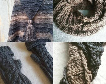 May include: A set of crocheted accessories in brown and gray, including a cowl, a shawl, and fingerless gloves.