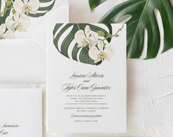 SAMPLE White Orchid Palm Leaf Wedding Invitation, Tropical Greenery Wedding Invitation Hawaii Florida Beach Destination Wedding Invitation