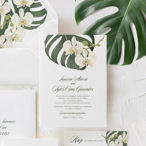 SAMPLE White Orchid Palm Leaf Wedding Invitation, Tropical Greenery Wedding Invitation Hawaii Florida Beach Destination Wedding Invitation