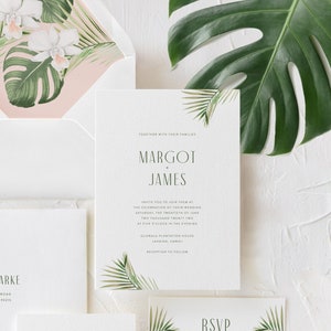 SAMPLE Modern Orchid Wedding Invitation, Palm Leaf Wedding Invitation, Destination Wedding Invitations, Tropical Greenery Wedding Invites