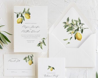 Lemon Wedding Invitation, Italian Citrus Wedding Invitation, Greenery Leaves Wedding Invitation, Italy Mediterranean Wedding Invitations