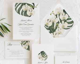 White Orchid Wedding Invitation, Tropical Greenery Palm Leaf Monstera Wedding Invitation, Hawaii Florida Destination Wedding Invitation