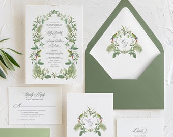 Tropical Greenery Wedding Invitation, Exotic Chinoiserie Palm Leaf Wedding Crest Invitation, Palm Beach Florida Caribbean Wedding Invitation