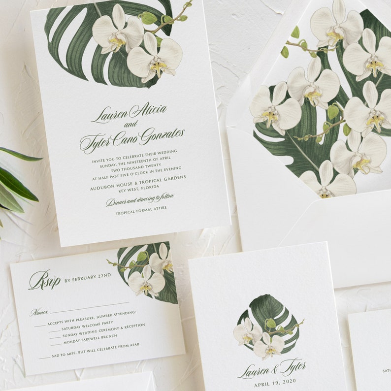SAMPLE White Orchid Palm Leaf Wedding Invitation, Tropical Greenery Wedding Invitation Hawaii Florida Beach Destination Wedding Invitation image 6