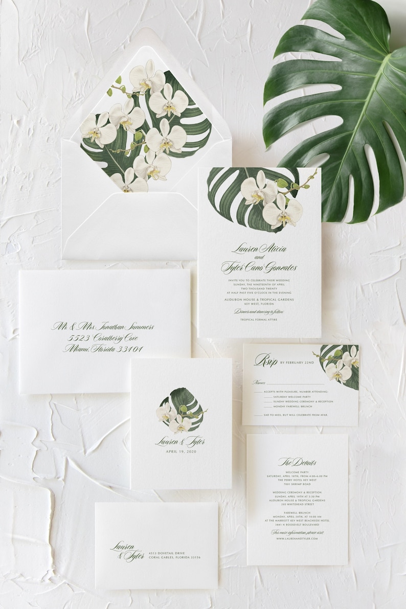 SAMPLE White Orchid Palm Leaf Wedding Invitation, Tropical Greenery Wedding Invitation Hawaii Florida Beach Destination Wedding Invitation image 1