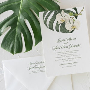 SAMPLE White Orchid Palm Leaf Wedding Invitation, Tropical Greenery Wedding Invitation Hawaii Florida Beach Destination Wedding Invitation image 7