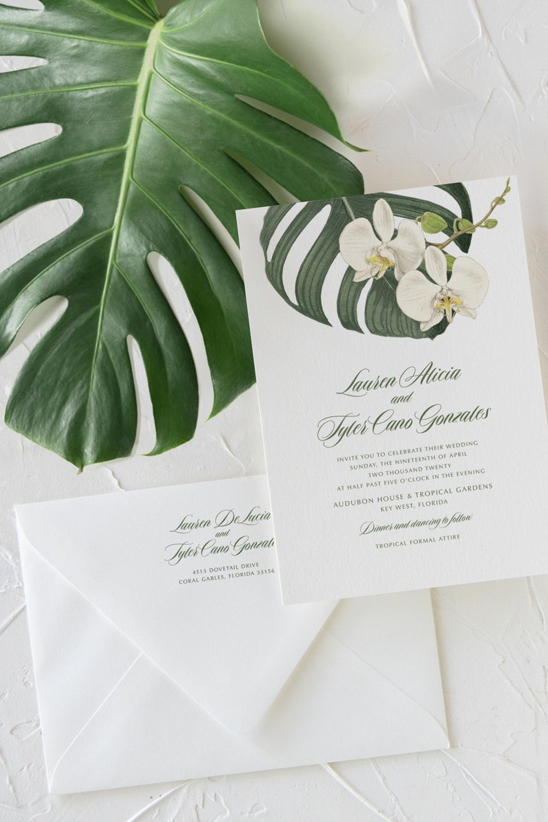 SAMPLE White Orchid Palm Leaf Wedding Invitation, Tropical Greenery Wedding Invitation Hawaii Florida Beach Destination Wedding Invitation image 7