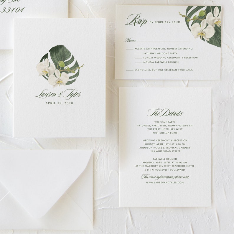SAMPLE White Orchid Palm Leaf Wedding Invitation, Tropical Greenery Wedding Invitation Hawaii Florida Beach Destination Wedding Invitation image 5