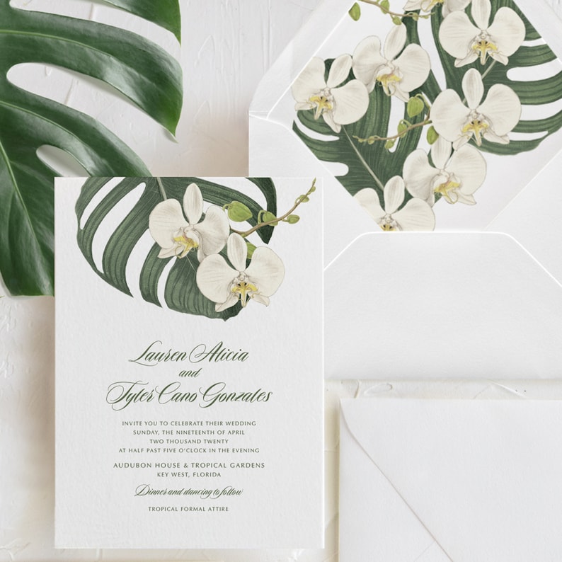 SAMPLE White Orchid Palm Leaf Wedding Invitation, Tropical Greenery Wedding Invitation Hawaii Florida Beach Destination Wedding Invitation image 4