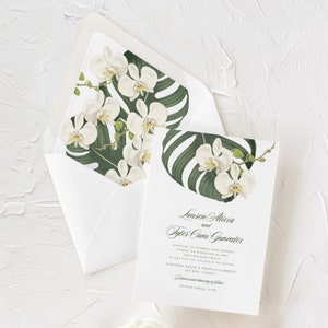 SAMPLE White Orchid Palm Leaf Wedding Invitation, Tropical Greenery Wedding Invitation Hawaii Florida Beach Destination Wedding Invitation image 2