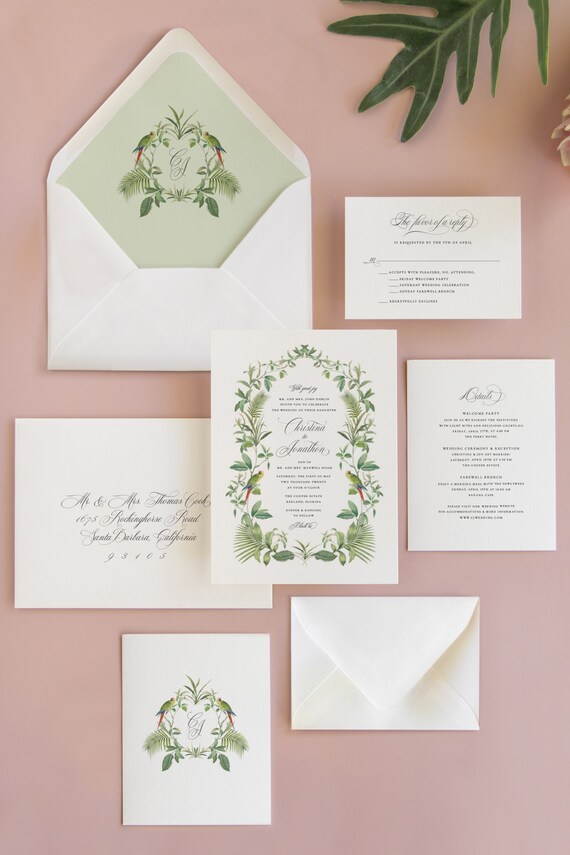 Tropical Leaf Wedding Invitation Chinoiserie Wedding Etsy Tropical Leaf Wedding Invitation Chinoiserie Wedding Etsy