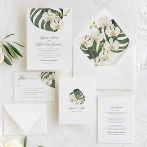 SAMPLE White Orchid Palm Leaf Wedding Invitation, Tropical Greenery Wedding Invitation Hawaii Florida Beach Destination Wedding Invitation image 3