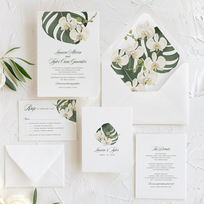 SAMPLE White Orchid Palm Leaf Wedding Invitation, Tropical Greenery Wedding Invitation Hawaii Florida Beach Destination Wedding Invitation image 3