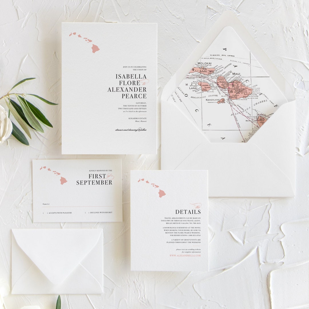 Vintage Map of Hawaii Wedding Invitation, Modern Hawaiian Islands