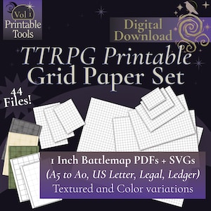 TTRPG afdrukbare rasterpapierset – 1 inch strijdkaart-pdf's (A5 tot A0, US Letter, Legal, Ledger) | 44 bestanden + SVG's