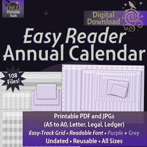 May include: A digital download of 108 printable, undated, and reusable calendar templates in various sizes, including A5 to A0, Letter, Legal, and Ledger. The calendar features an easy-track grid with a readable font and a purple and grey colour scheme.
