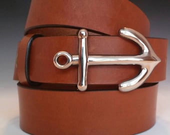 Hand Carved Anchor Buckle Belt: Chestnut Bridle Leather, Nautical Style