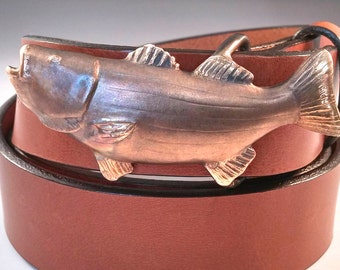 Handcrafted Striped Bass Belt Buckle: Designer Leather Fly Fishing Belt