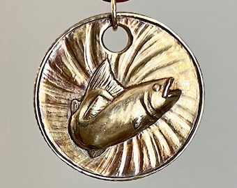 Golden Dorado Medallion: Bronze Fish Pendant Necklace, Leather Cord