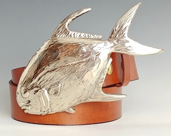 Handmade Giant Permit Buckle with Chestnut Leather Fly Fishing Belt