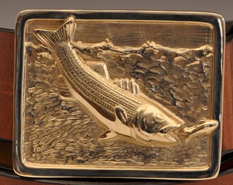 Handmade Bronze Striped Bass Buckle on Chestnut Leather Belt