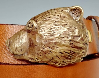 Handmade Bronze Bear Buckle Buckle: American Bridle Leather Belt