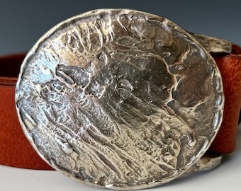 Handmade White Bronze Abstract Belt: Chestnut Leather Belt, Impressionist Buckle
