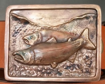 Handmade Bronze Salmon Buckle: Chestnut Leather Fly Fishing Belt