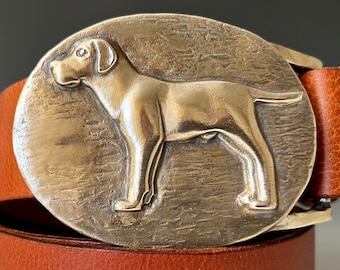 Handmade Labrador Dog Bronze Buckle: Chestnut Leather Belt