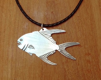 Sterling Silver Permit Fish Necklace: Hand-Cut Pendant, Leather Cord