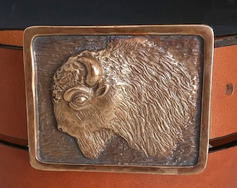 Handmade Bronze American Buffalo Belt: Chestnut Leather Bison Buckle