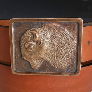 Handmade Bronze American Buffalo Belt: Chestnut Leather Bison Buckle